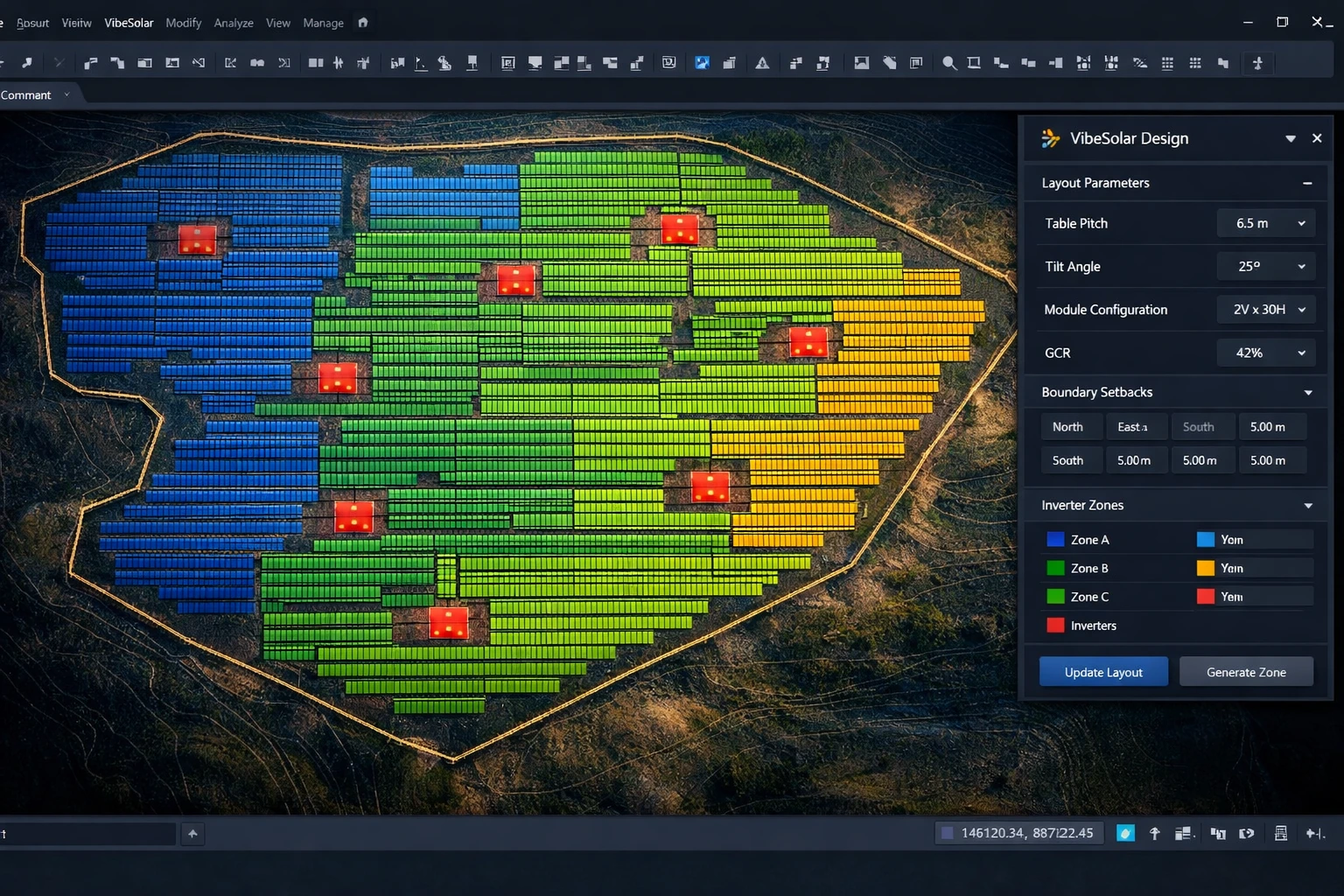Electrical design showing string assignments and cable routing
