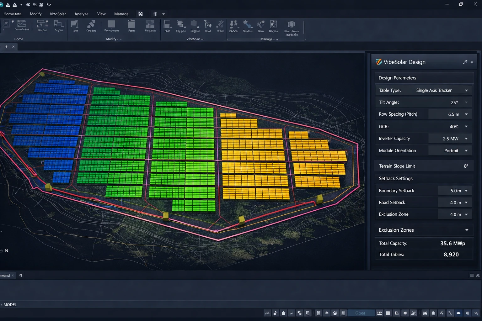 Terrain-aware solar panel layout generation visualization