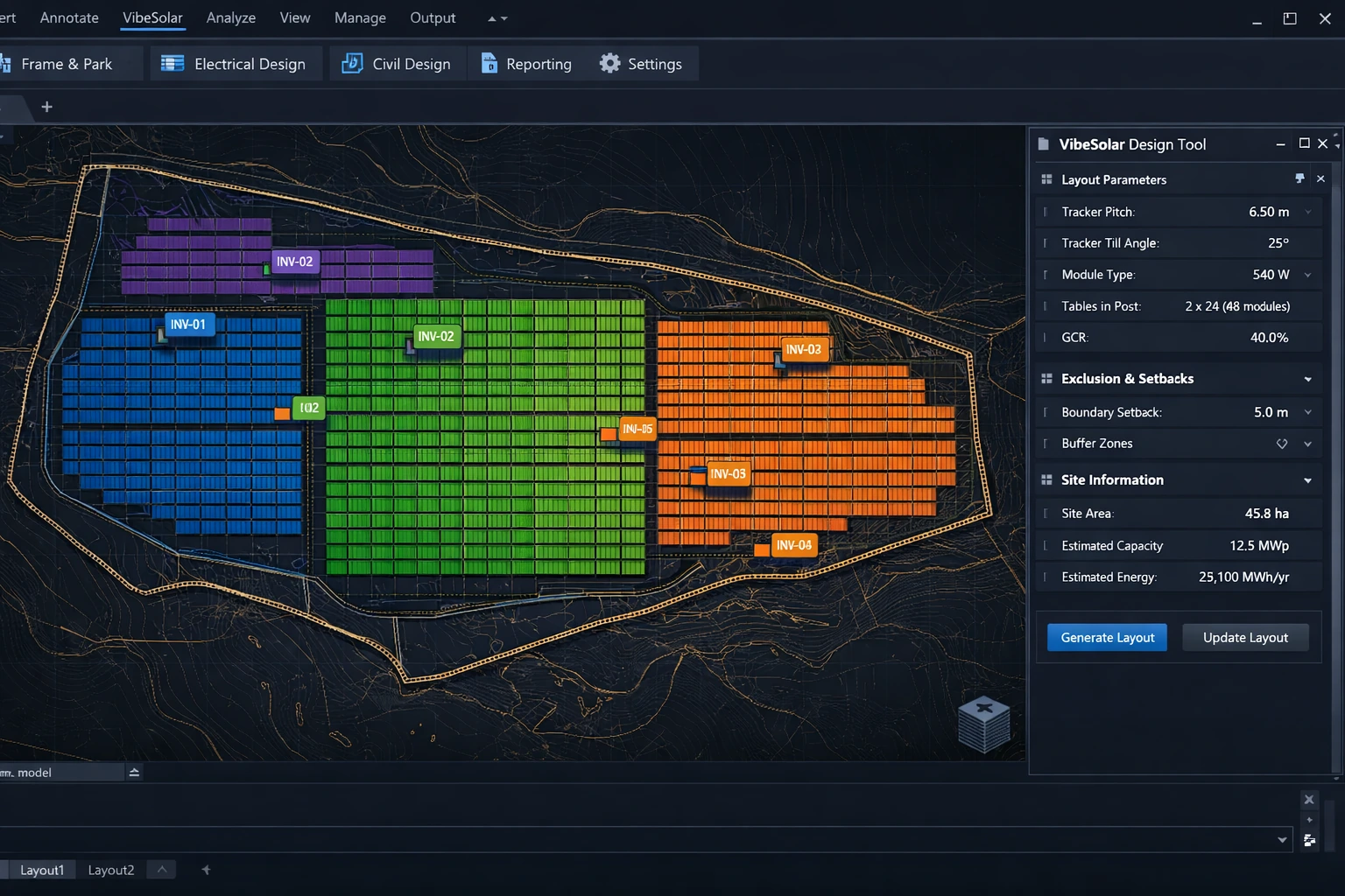 VibeSolar dashboard showing a solar farm layout design